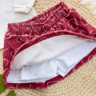 Conj. Blusa I Shine I Smile e Short Saia Corações em Plush - Off White e Vermelho